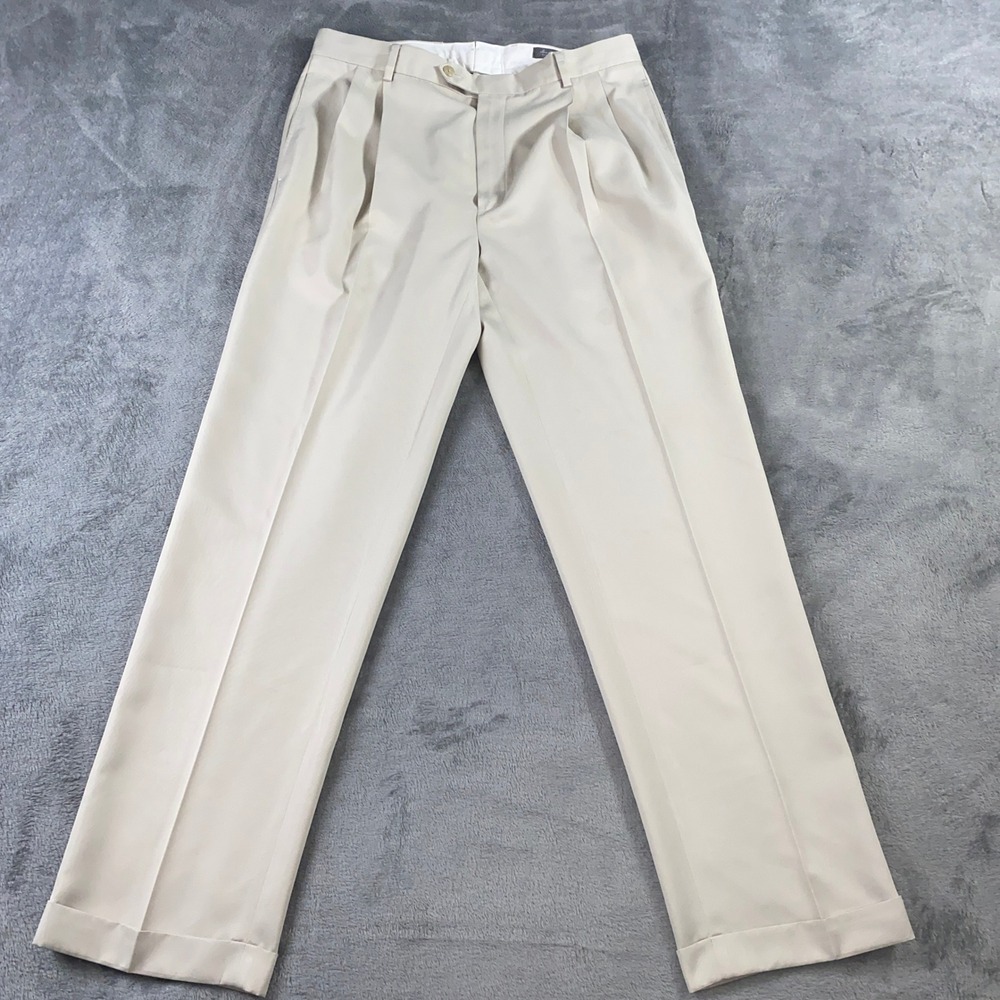 Daniel Cremieux Dress Pants Mens 34x32 Beige Signature Pleated Cuffed Trousers